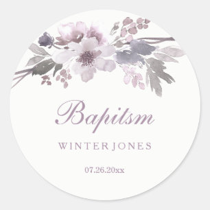 Elegante lila Winter-Blumen-Taufaufkleber Runder Aufkleber