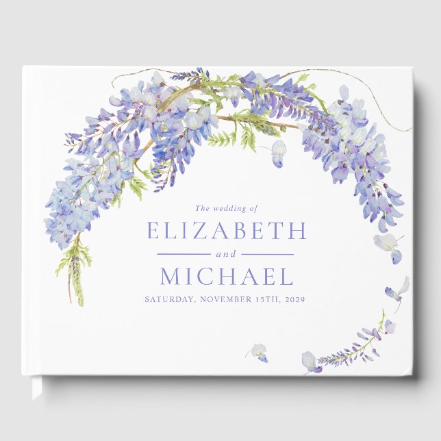Elegante Lila Wisteria Botanical Script Wedding Gästebuch (Vorderseite)
