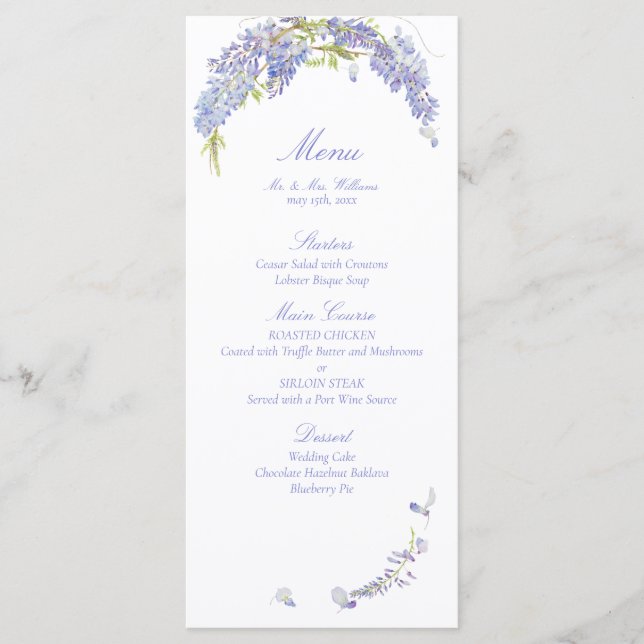 Elegante Lila Wisteria Botanical Script Wedding Menükarte (Vorderseite)