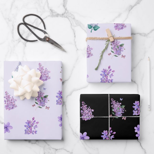 Elegante Lilac Blume Lila Geschenkpapier Set (Vorderseite)
