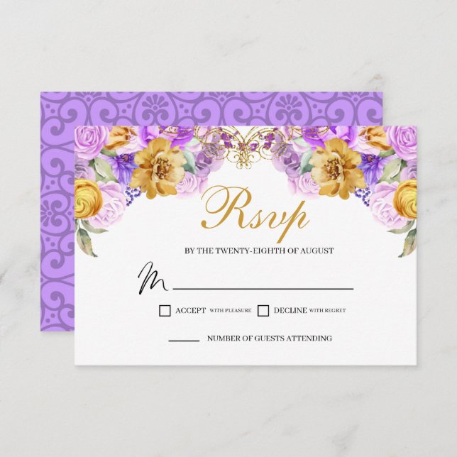Elegante Lilac & Gold Floral UAWG Umschließungskar RSVP Karte (Vorne/Hinten)