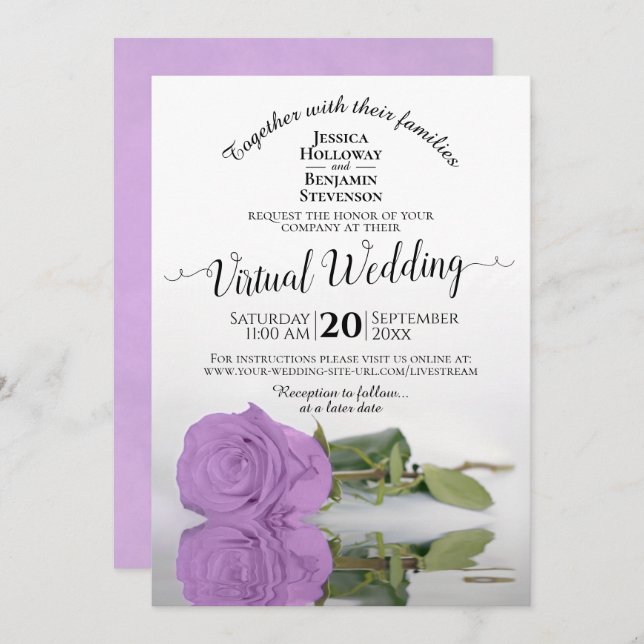 Elegante Lilac Lila Romantische Rose Virtual Weddi Einladung (Vorne/Hinten)