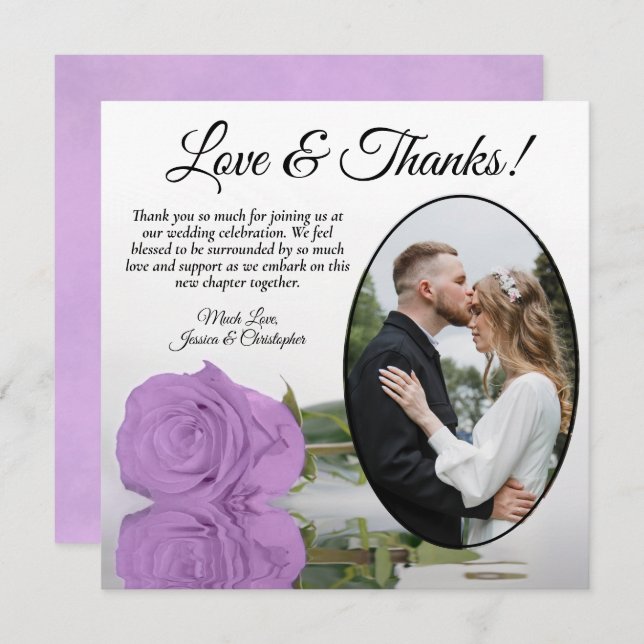 Elegante Lilac Lila Rose mit Oval Foto Hochzeit Dankeskarte (Vorne/Hinten)