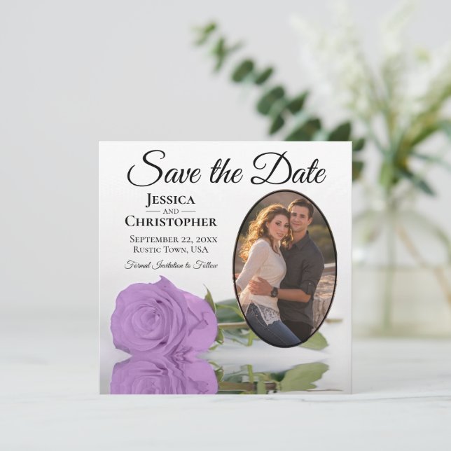 Elegante Lilac Lila Rose & Oval Foto Hochzeit Save The Date (Stehend Vorderseite)