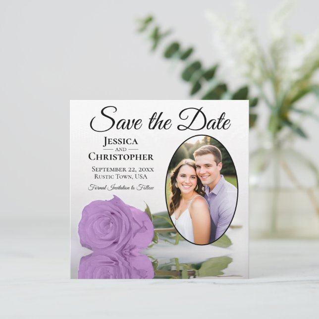 Elegante Lilac Lila Rose & Oval Foto Hochzeit Save The Date (Stehend Vorderseite)