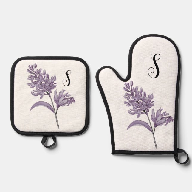 Elegante Lilac Monogram Pithalter - Personalisiert Ofenhandschuh & Topflappen-Set (Vorderseite)