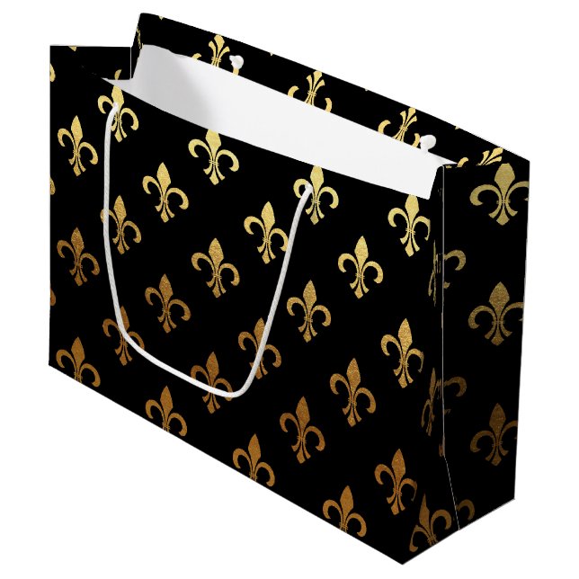 elegante Lilie Muster Schwarz-Gold-Party-Tasche Große Geschenktüte (Vorderseite Schrägansicht)