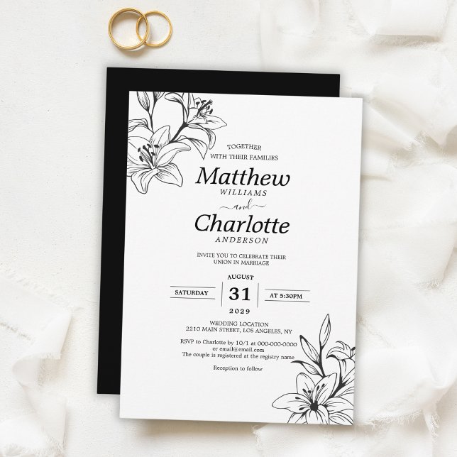 Elegante Lily Blume Schwarz-Weiß-Hochzeit Einladung (Elegant Lily Flower Black and White Wedding Invitation
)