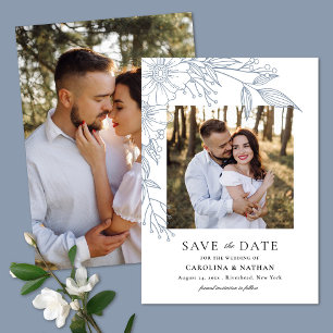 Elegante Line Gezeichnet Blumenblauer 2-Foto Hochz Save The Date
