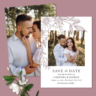 Elegante Line Gezeichnet Floral Mauve 2 Foto Hochz Save The Date