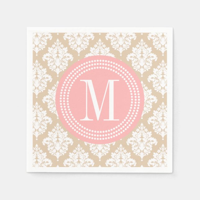 Elegante Linen Beige Damask Personalisiert Serviette (Vorderseite)