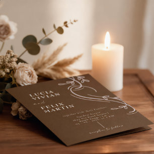 Elegante Linie Florale Leinen Espresso Braune Hoch Einladung
