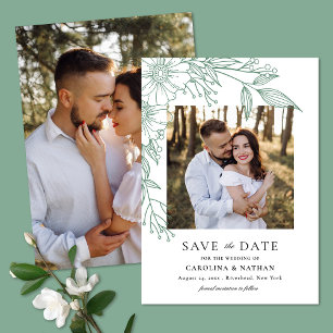 Elegante Linie Gezeichnet Blumengrün 2 Foto Hochze Save The Date