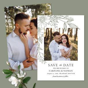 Elegante Linie Gezeichnet Blumenzettel 2 Foto Hoch Save The Date
