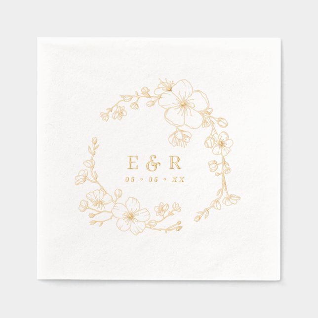 Elegante Linie Gezeichnet Blüten Monogramm Hochzei Servietten Mit Folie (Vorderseite)