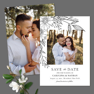 Elegante Linie Gezeichnet Floral Black 2 Foto Hoch Save The Date