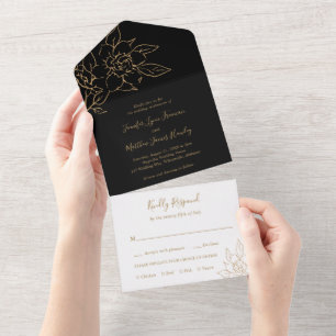 Elegante Linienkunst Blumen Schwarz und Gold Hochz All In One Einladung