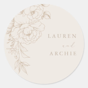 Elegante Linienkunst Boho Vintage Florale Hochzeit Runder Aufkleber