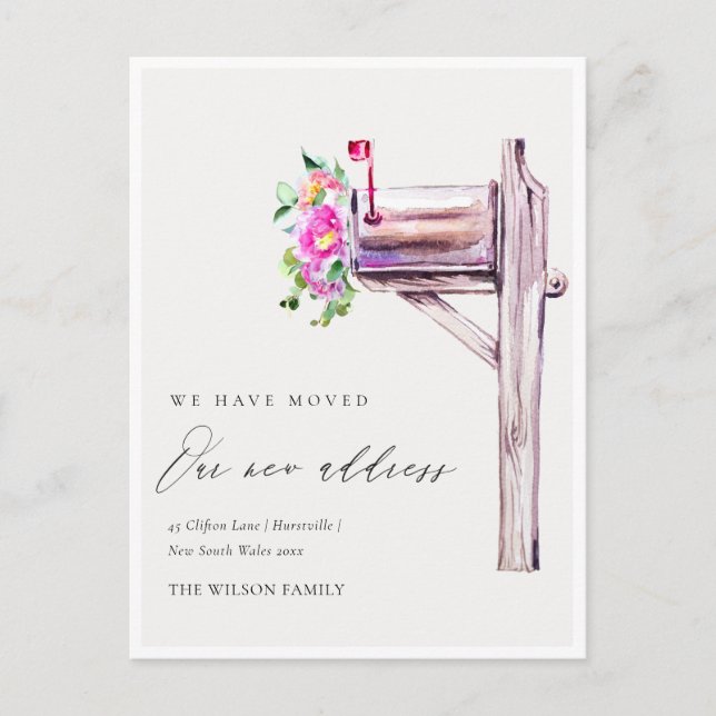 Elegante Live Pink Floral Mailbox Wir haben bewegt Postkarte (Vorderseite)