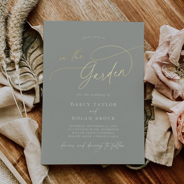 Elegante Lodge Rodelbahn mit Aussicht Folieneinladung (Elegant Charm Gold Foil Green Garden Wedding Foil Invitation)