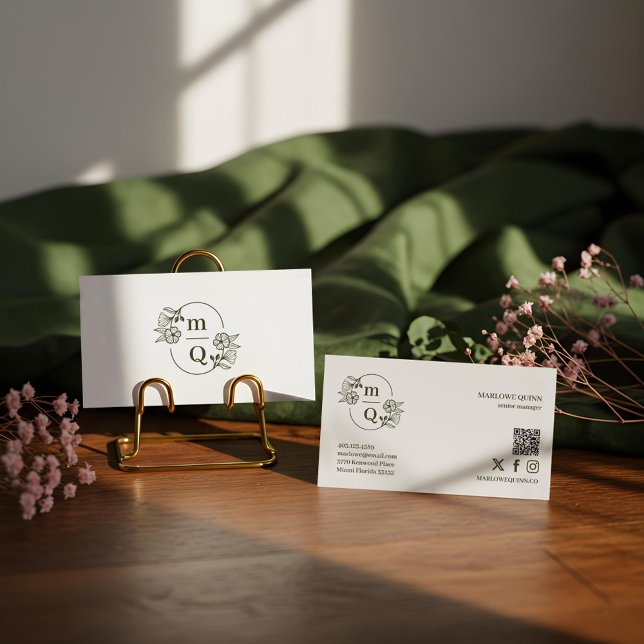 Elegante Logo-Markenbezeichnung für Botanisches Mo Visitenkarte (Elegant Floral Botanical Monogram Crest Logo Brand Business Card)