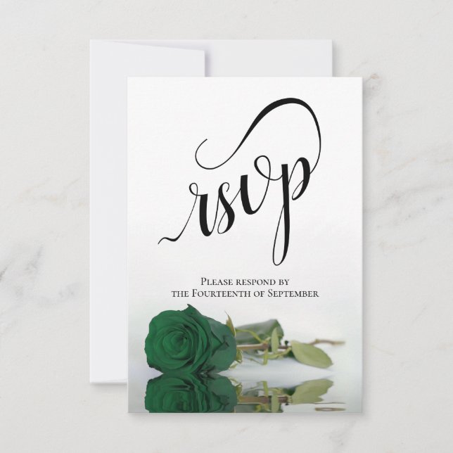 Elegante Long-Stemmed Emerald Green Rose Wedding RSVP Karte (Vorderseite)