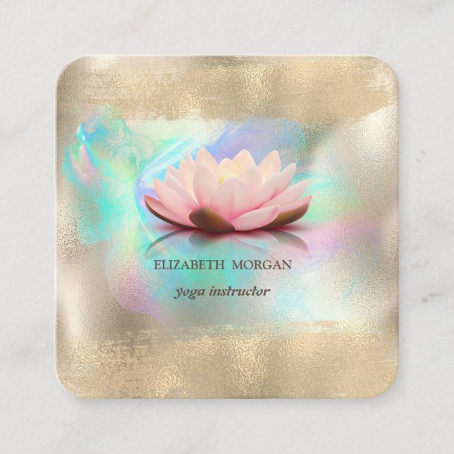 Elegante Lotus Blume Gold Pinselstriche Holografie Quadratische Visitenkarte (Vorderseite)