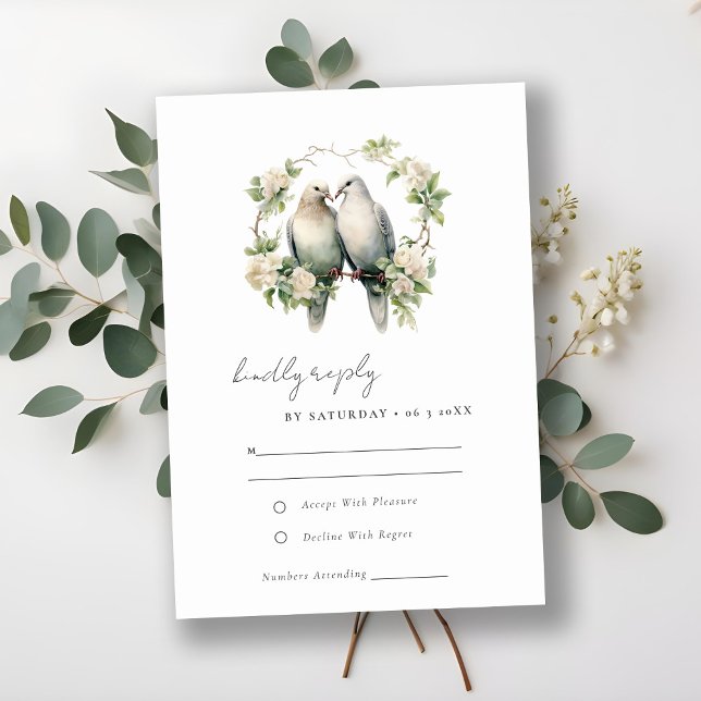 Elegante Love Birds Botanischer Kranz Hochzeit RSVP Karte (Von Creator hochgeladen)