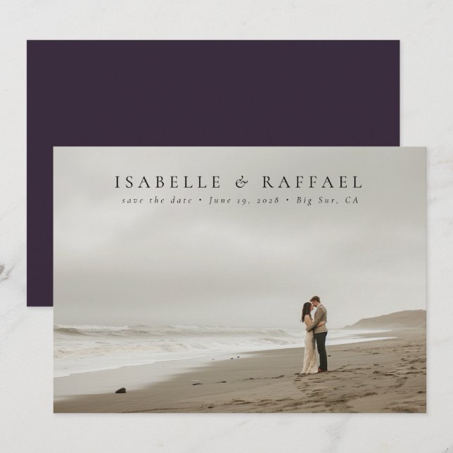 Elegante Luxuriöse formelle Foto Dunkle Lila Hochz Save The Date (Vorne/Hinten)