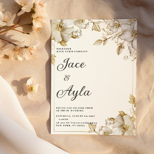 Elegante luxuriöse weiße und goldene Blumenhochzei Einladung