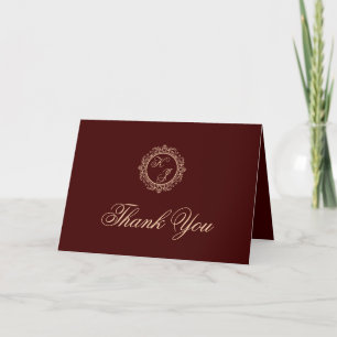 Elegante Luxury Gold Monogram Burgundy Wedding Dankeskarte
