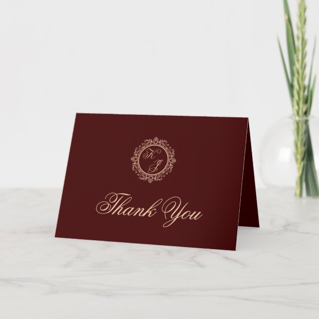 Elegante Luxury Gold Monogram Burgundy Wedding Dankeskarte (Vorderseite)