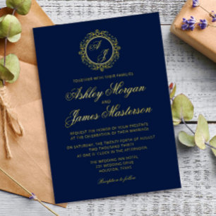 Elegante Luxury Gold Monogram Navy Blue Wedding Folieneinladung