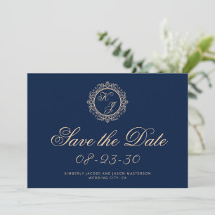 Elegante Luxury Gold Monogram Navy Blue Wedding Save The Date