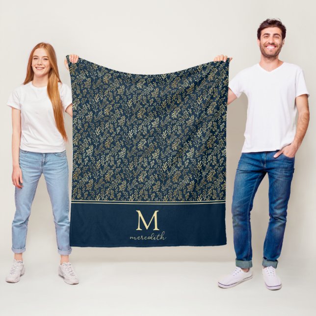 Elegante Luxury Navy Gold Leaf Monogram Fleecedecke (Beispiel)