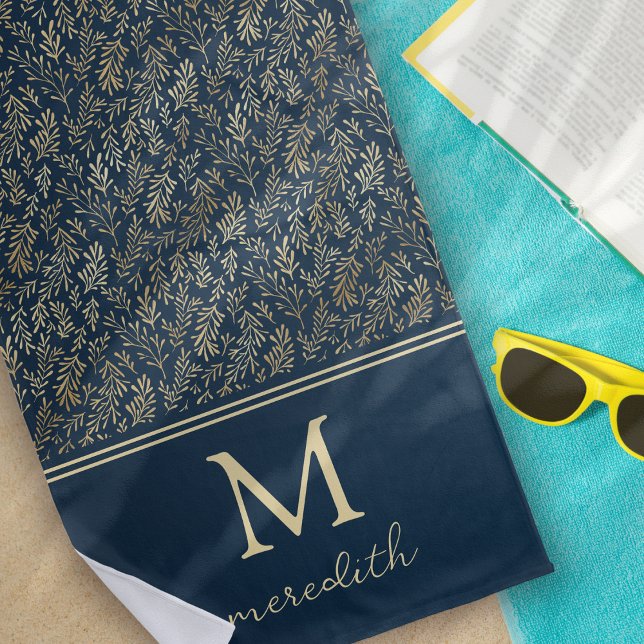 Elegante Luxury Navy Gold Leaf Monogram Strandtuch (Von Creator hochgeladen)