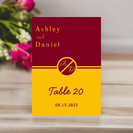 Elegante Luxus-Burgund und Gold Monogramm Hochzeit Tischnummer