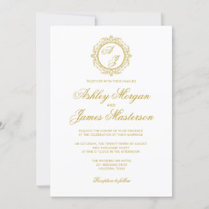 Elegante Luxus Dunkle Gold Monogram White Wedding Einladung