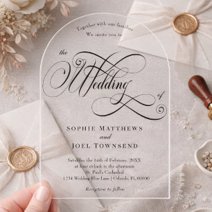 Elegante Luxus Kalligrafie Bogen Hochzeit Klar Acryleinladungen