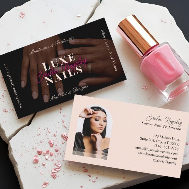 Elegante Luxus-Nagelmaniküretechnikerin Schwarz Ro Visitenkarte (Elegant Luxe Nail Manicurist Technician Black Pink Business Card)