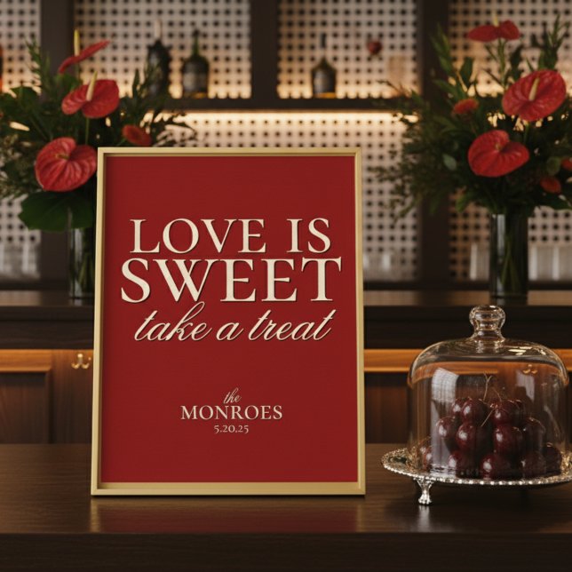 Elegante Luxus Rote Liebe ist Sweet Wedding Desser Poster (Add charm and elegance to your dessert or favor table with this Old Money Bold Red Treat Sign!)