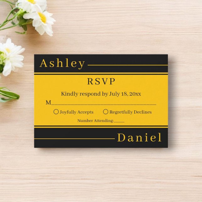 Elegante Luxus Schwarz und Gold Streifen Chic Hoch RSVP Karte (Von Creator hochgeladen)