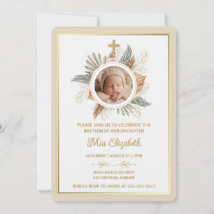 Elegante Mädchen-Taufe Grün Kreuz Foto  Einladung