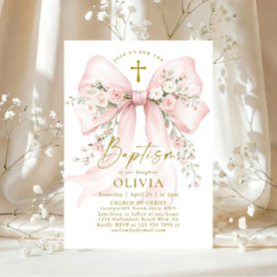Elegante Mädchen-Taufe Pink Blumen-Schleife Einladung