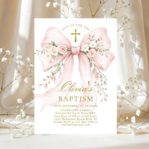 Elegante Mädchen-Taufe Pink Blumen-Schleife Einladung
