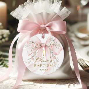 Elegante Mädchen-Taufe Pink Blumen-Schleife Geschenkanhänger