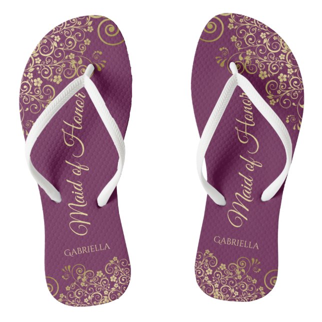 Elegante Magenta & Gold Lacy Trauzeugin Hochzeit Flip Flops (Fußbett)