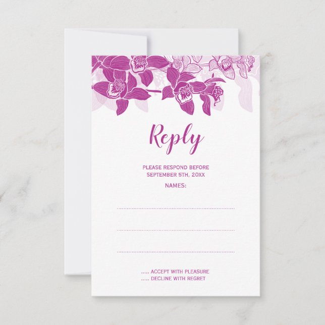 Elegante Magenta Orchids Hochzeitstorte RSVP Karte (Vorderseite)