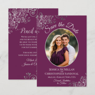 Elegante Magenta-Pflaume und Silber-Oval-Foto-Hoch Save The Date