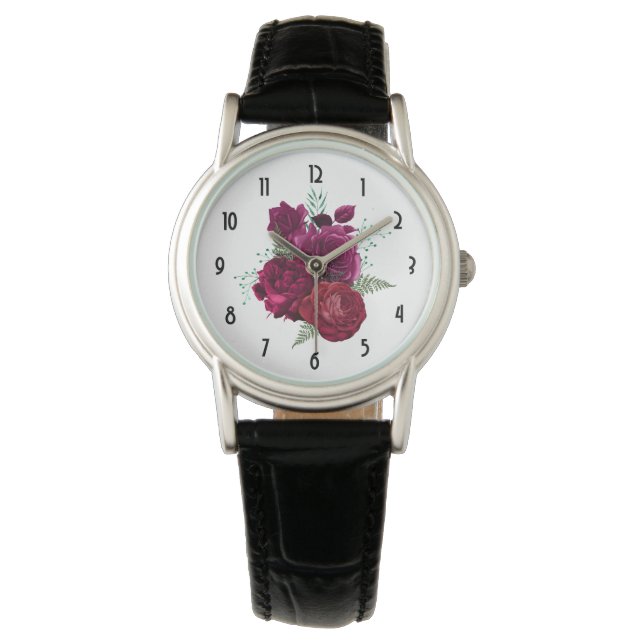Elegante Magenta Rose Floral Bouquet Armbanduhr (Vorderseite)